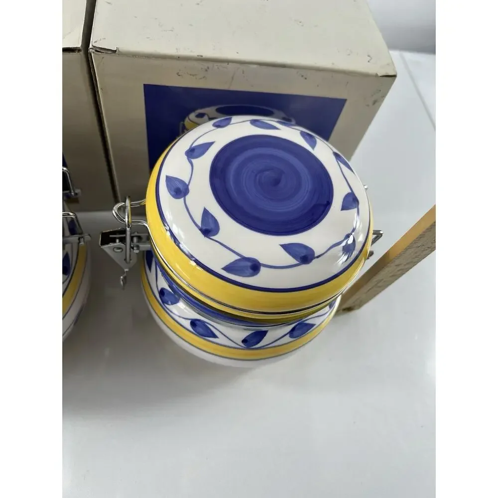 Set of 2 Hand Painted Ceramic Canisters with Clamp Lids 6.5” Blue Yellow